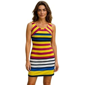 Frank Lyman Women Yellow Pink Bodycon Mini Sleeveless Dress Sz 6 Party Tropical